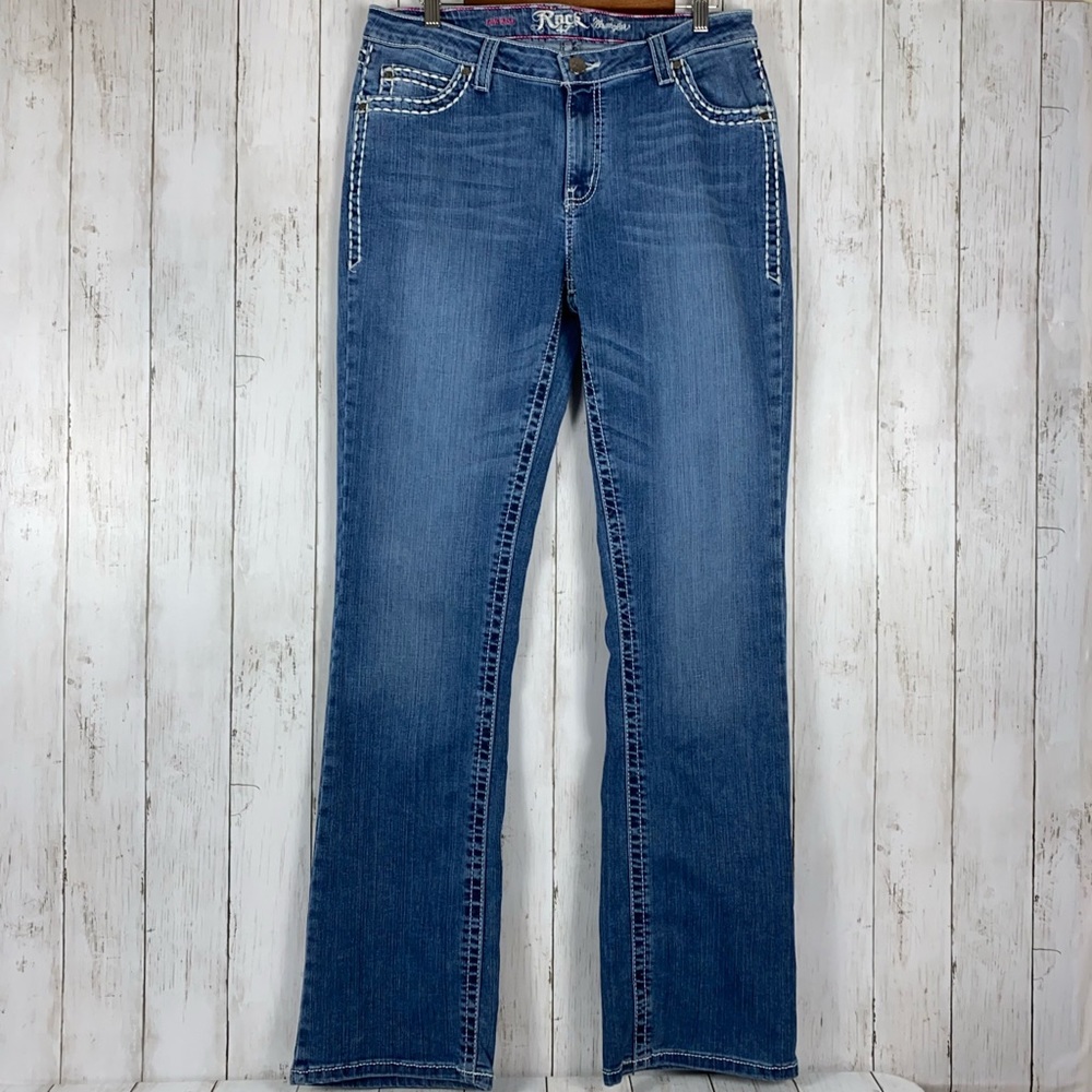 Wrangler Rock 47 Low Rise Bootcut Jeans Womens Sz 32 X 34 Bold Stitch Embroidery